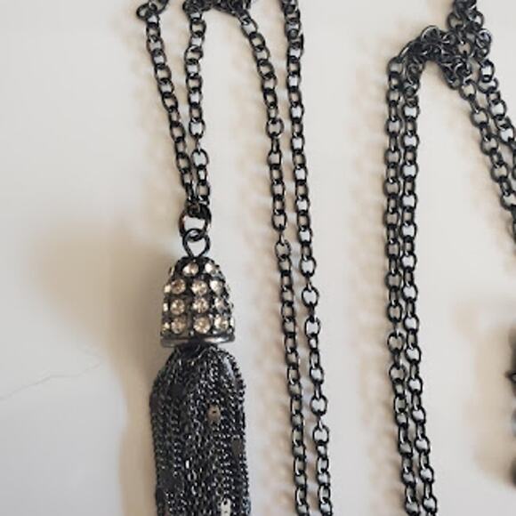 Loft Long Tassel Necklace Black Chain with Rhinestone Accents - Picture 5 of 7